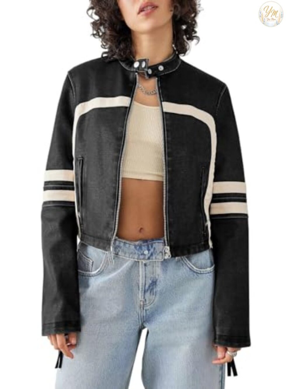 Women's Faux Leather Cropped Moto Biker Jacket with Striped Stitching